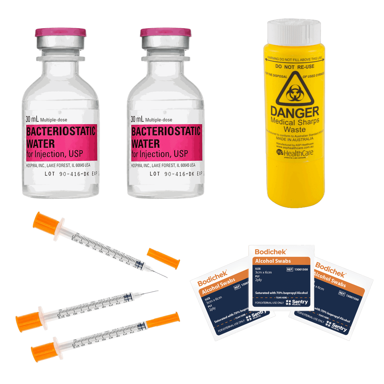 Safe Injection Kit — BAC Water for Injection USP + Syringes + Alcohol Swabs + Sharps Disposal — Kit (Aus BAC Supply)